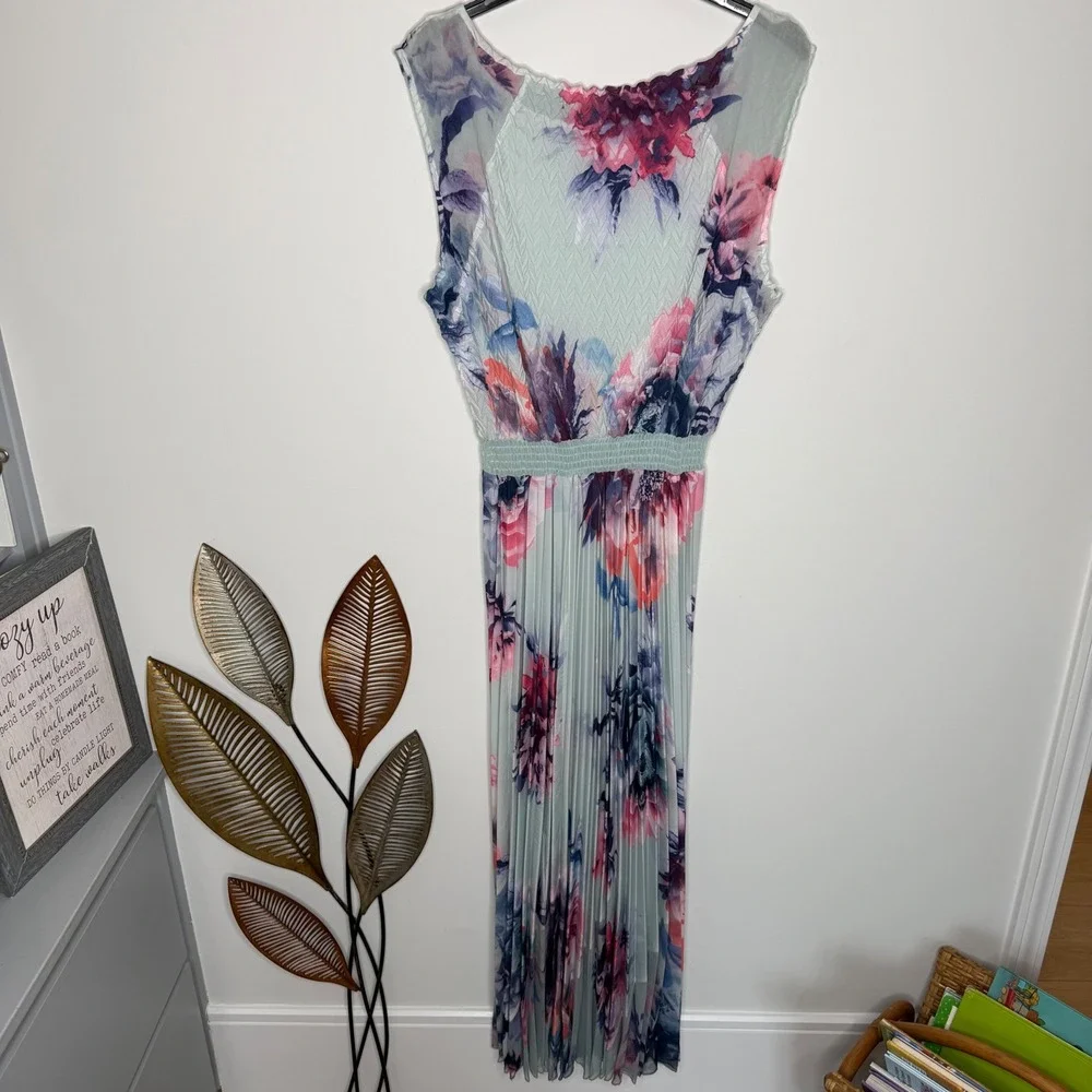 K5 Komarov Floral‎ Pleated Maxi Dress Mint Pink Blue Smocked Waist Womens Large